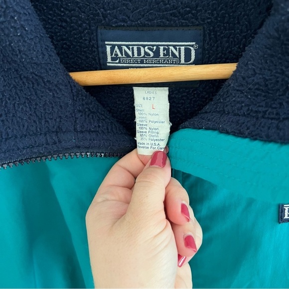 Vintage 90s Lands' End Fleece Lined Jacket Teal Navy Blue Pockets Winter Size L - Picture 4 of 16